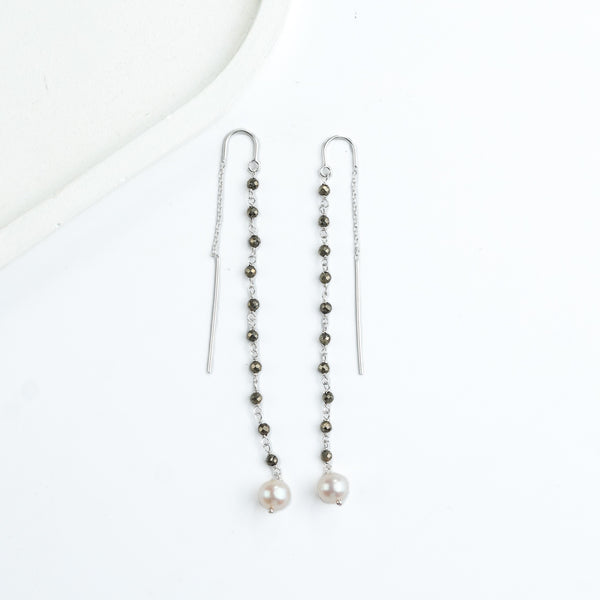 Pyrite & Pearl Ganthan Sui Dhaga Earrings (Project Handmade)