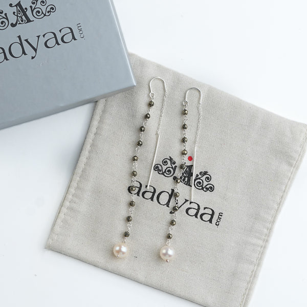 Pyrite & Pearl Ganthan Sui Dhaga Earrings (Project Handmade)