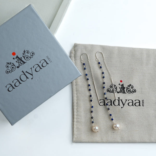 Labradorite, Lapis & Pearl Ganthan Sui Dhaga Earrings (Project Handmade)