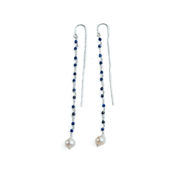 Labradorite, Lapis & Pearl Ganthan Sui Dhaga Earrings (Project Handmade)