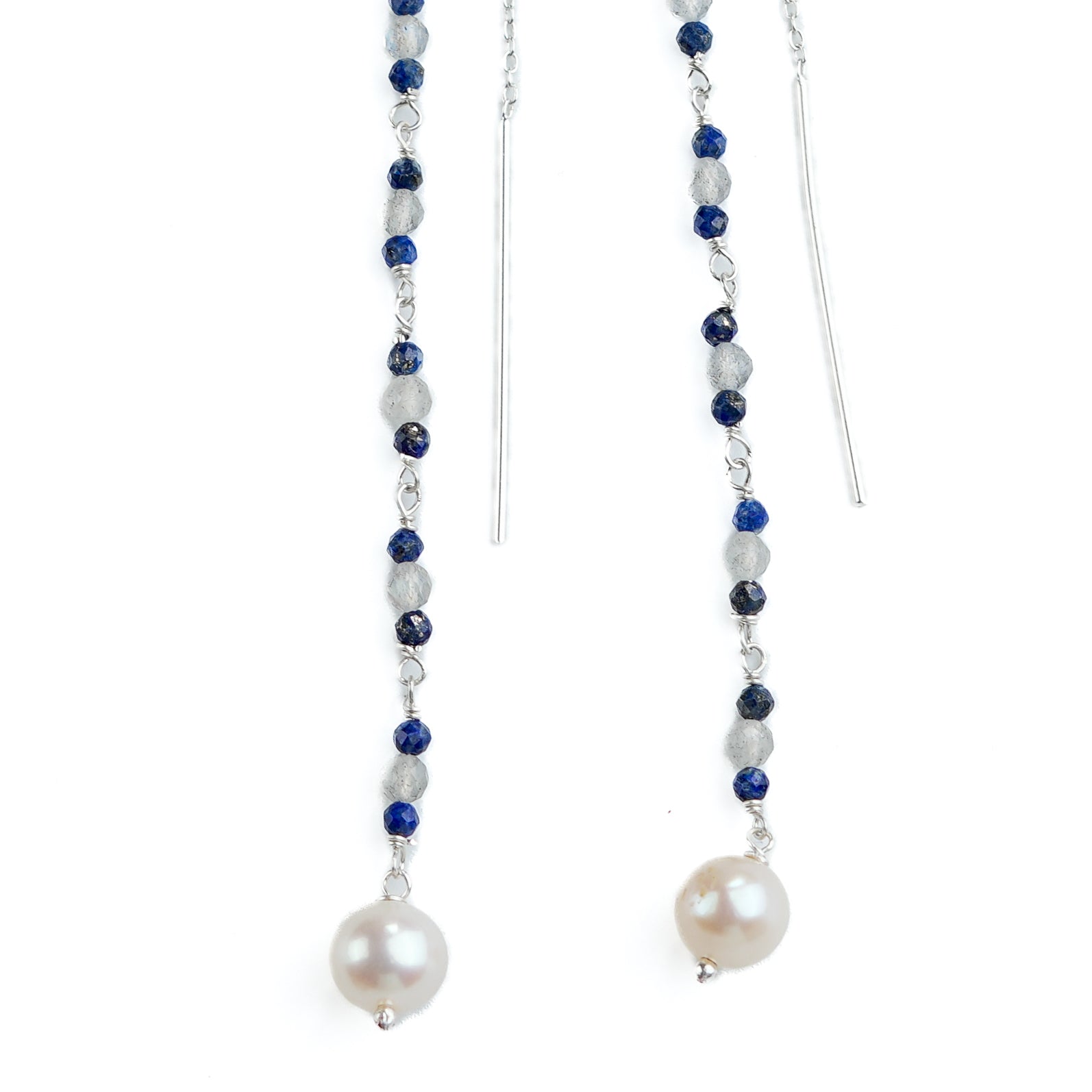 Labradorite, Lapis & Pearl Ganthan Sui Dhaga Earrings (Project Handmade)