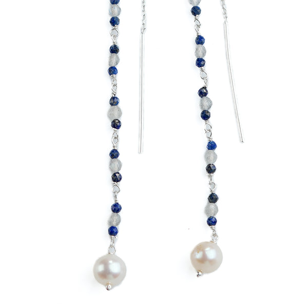 Labradorite, Lapis & Pearl Ganthan Sui Dhaga Earrings (Project Handmade)