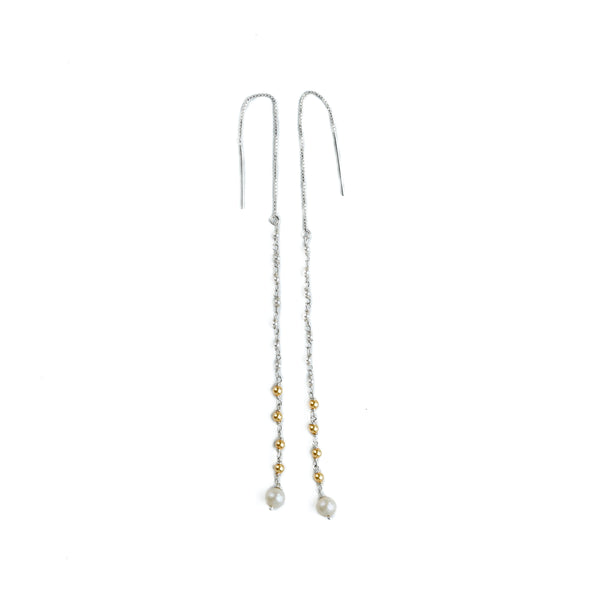 Golden & White Pearl Ganthan Sui Dhaga Earrings (Project Handmade)