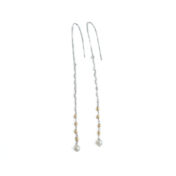 Golden & White Pearl Ganthan Sui Dhaga Earrings (Project Handmade)