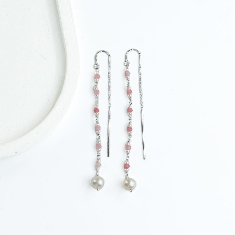 Pink Jade & Pearl Ganthan Sui Dhaga Earrings (Project Handmade)