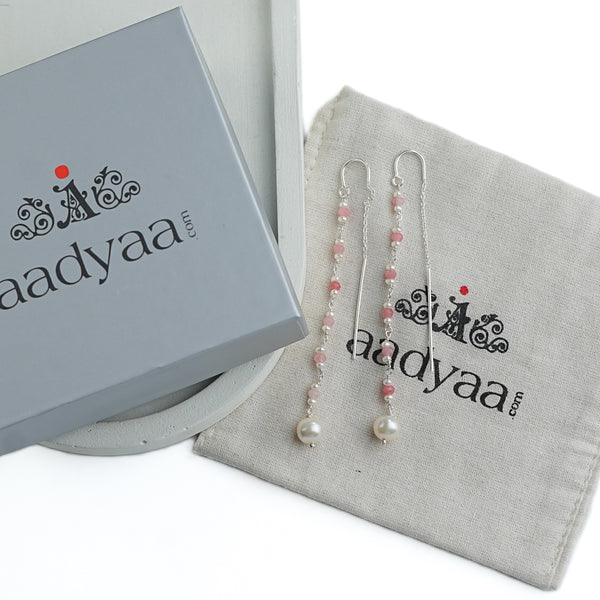 Pink Jade & Pearl Ganthan Sui Dhaga Earrings (Project Handmade)