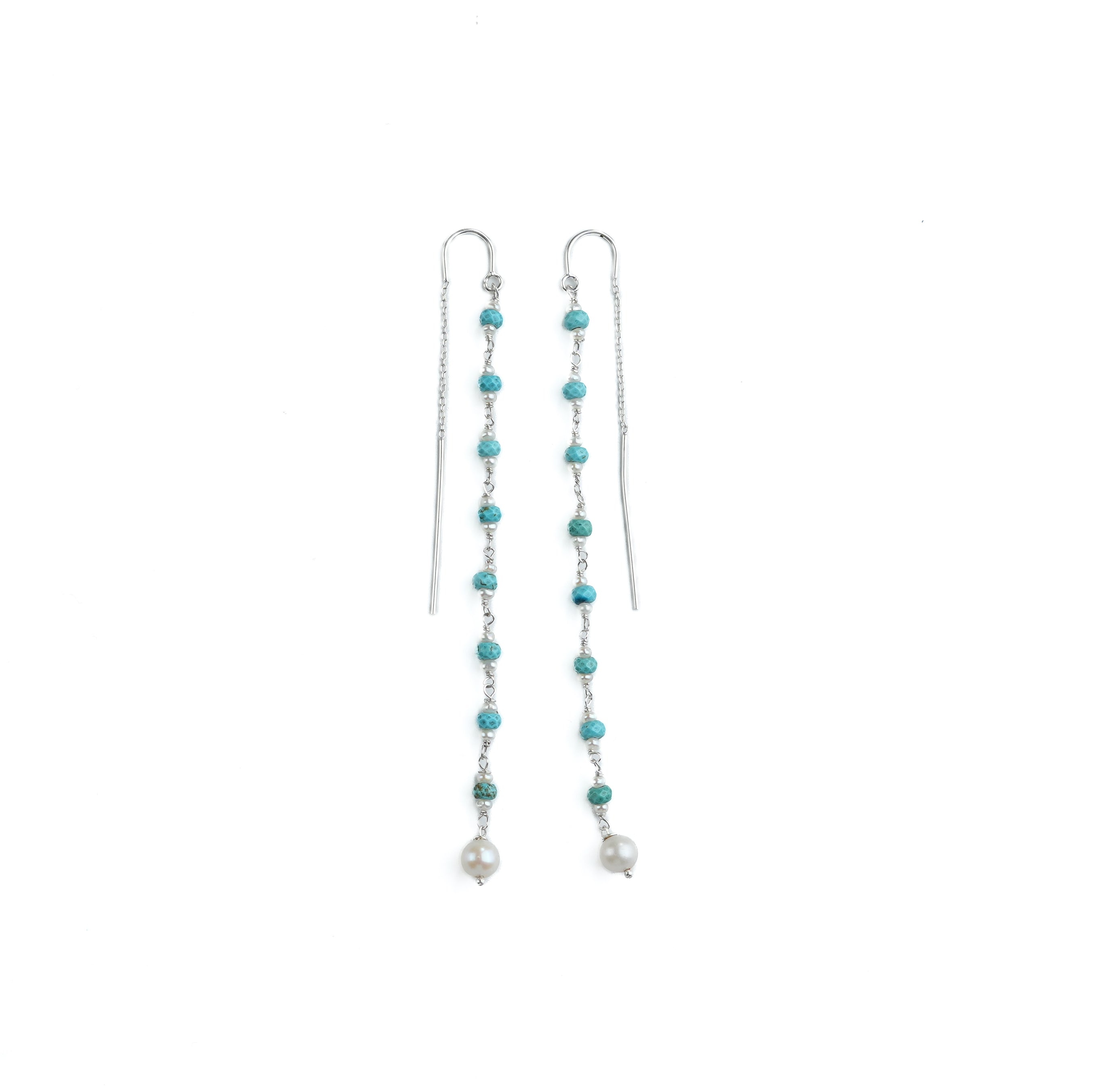 Turquoise & Pearl Ganthan Sui Dhaga Earrings (Project Handmade)