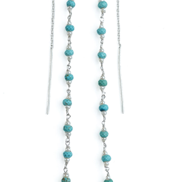 Turquoise & Pearl Ganthan Sui Dhaga Earrings (Project Handmade)