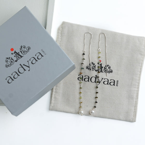 Green Tourmaline & Pearl Ganthan Sui Dhaga Earrings (Project Handmade)