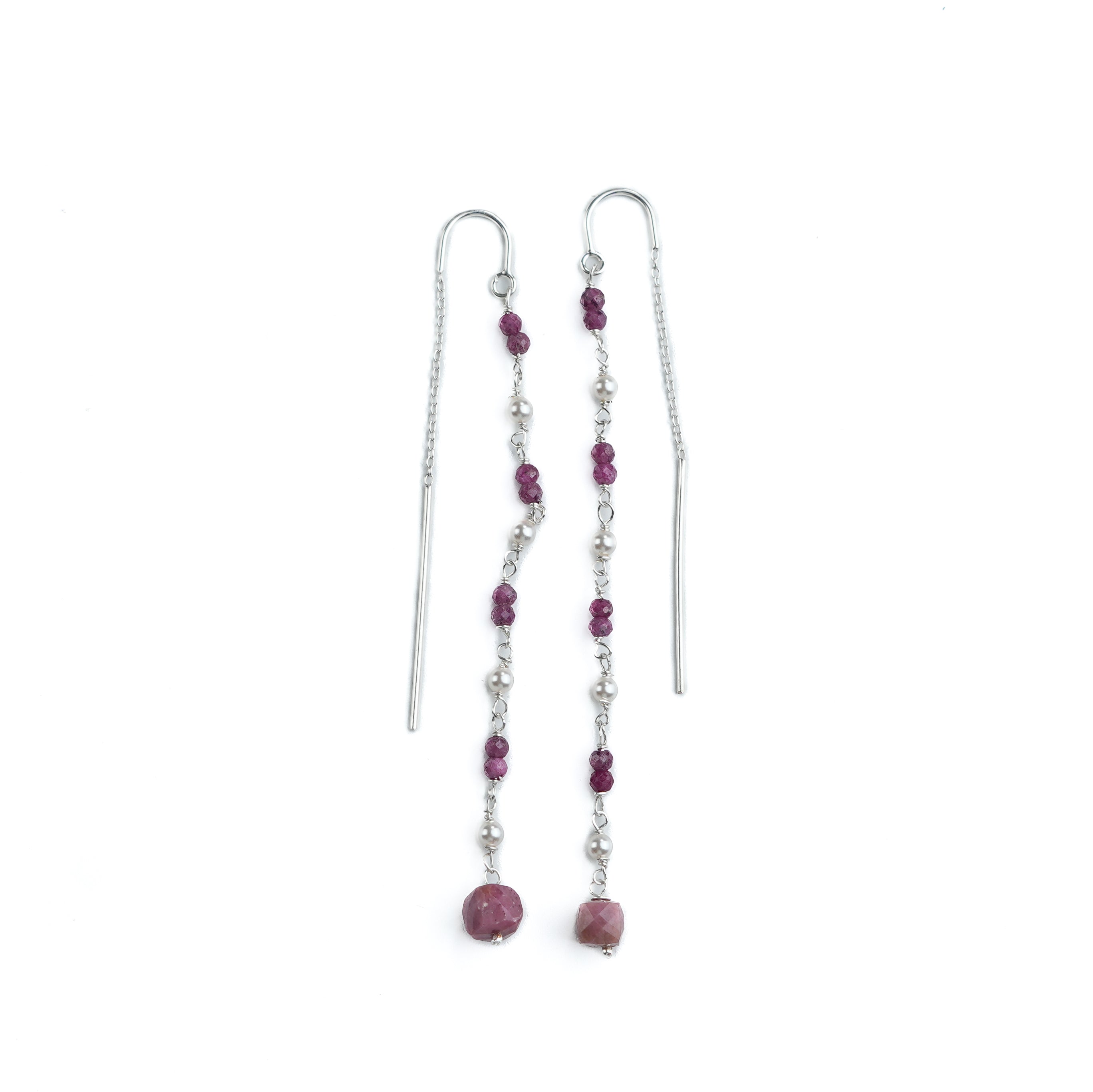 Ruby, Pink Opal, & Pearl Ganthan Sui Dhaga Earrings (Project Handmade)