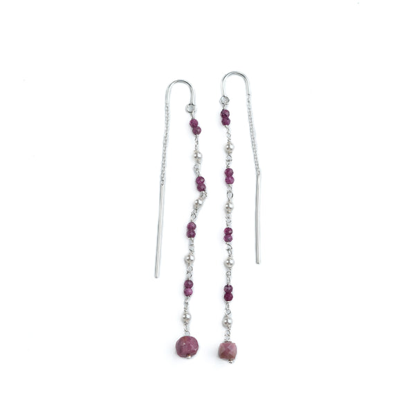 Ruby, Pink Opal, & Pearl Ganthan Sui Dhaga Earrings (Project Handmade)