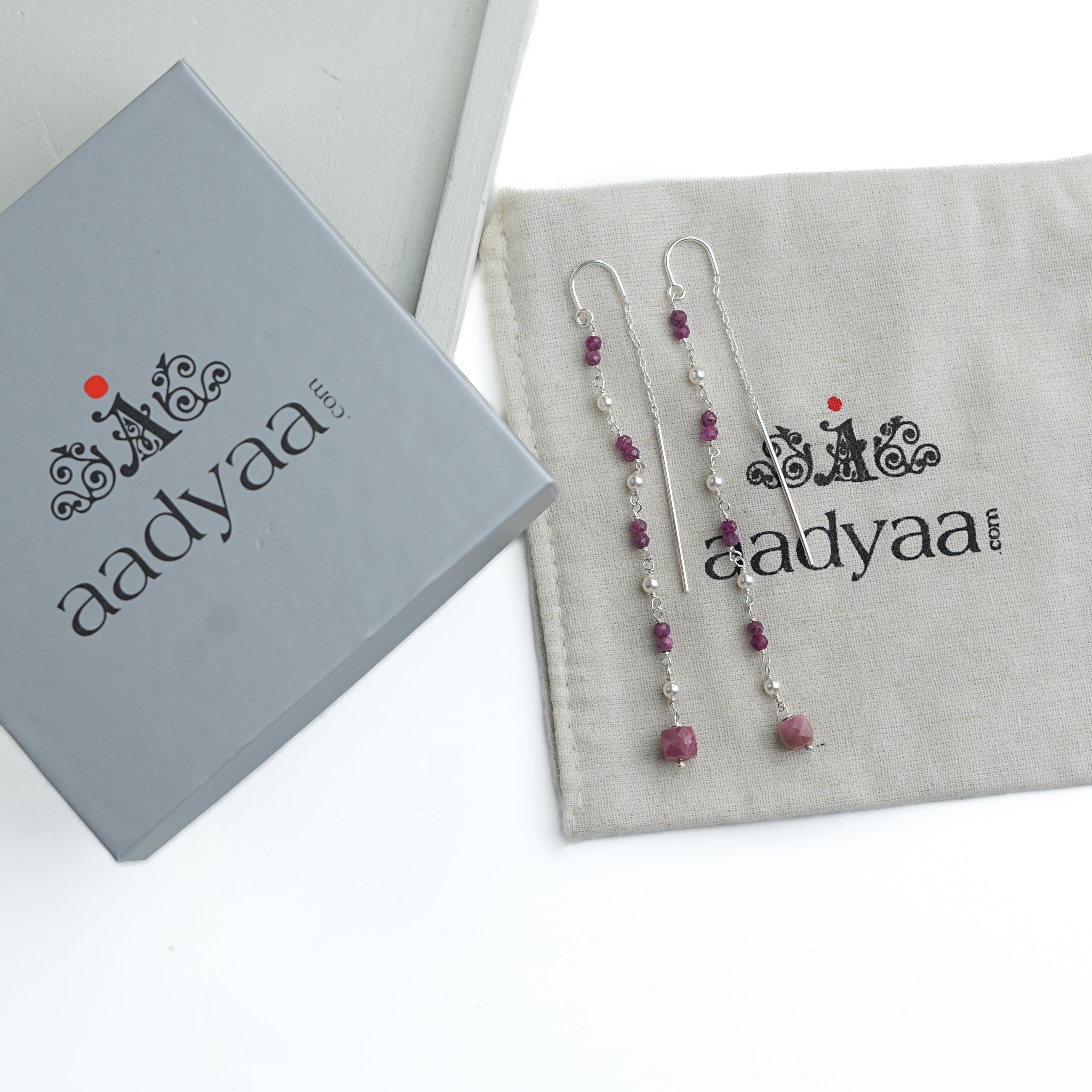Ruby, Pink Opal, & Pearl Ganthan Sui Dhaga Earrings (Project Handmade)