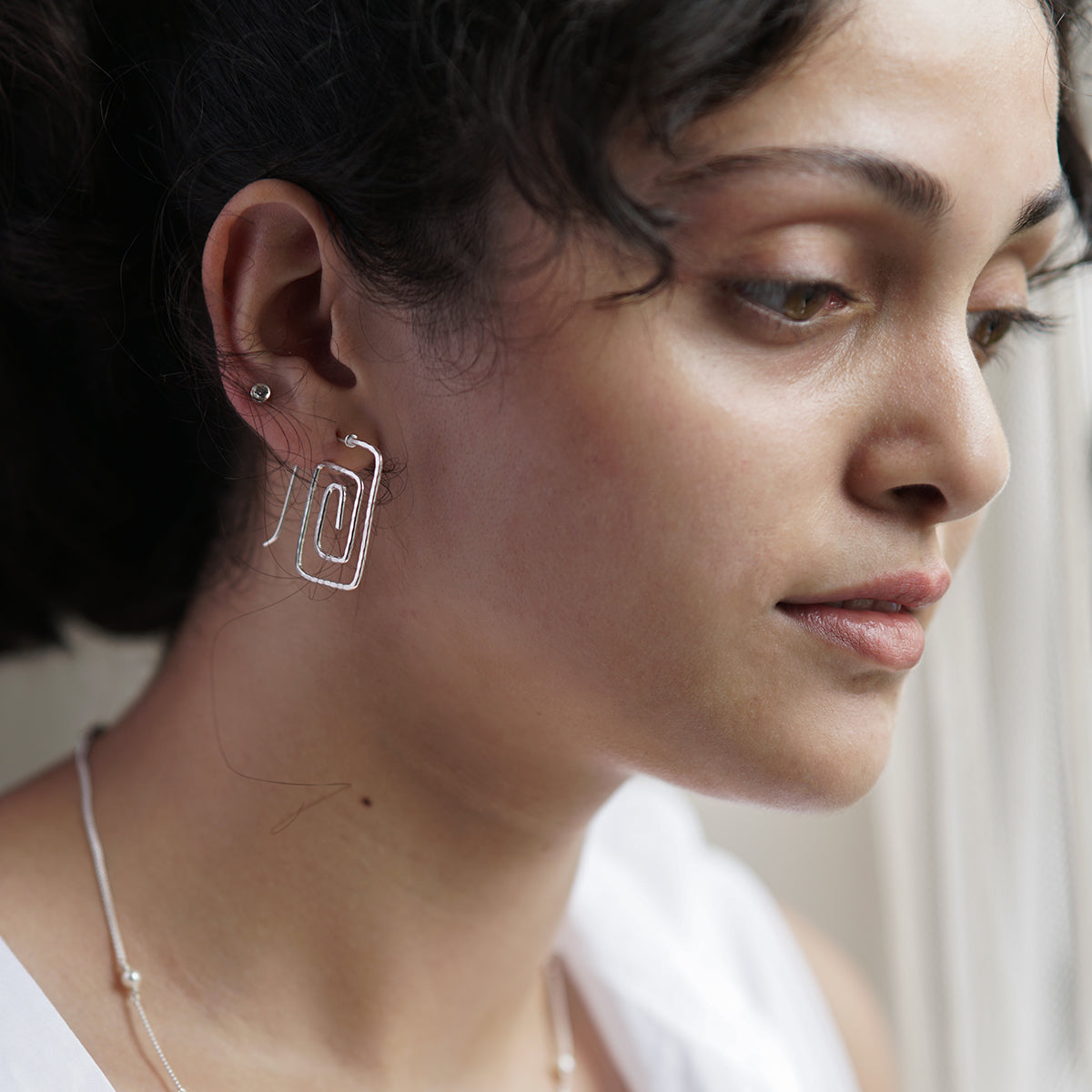 Silver Spiral Square Hammered Earrings