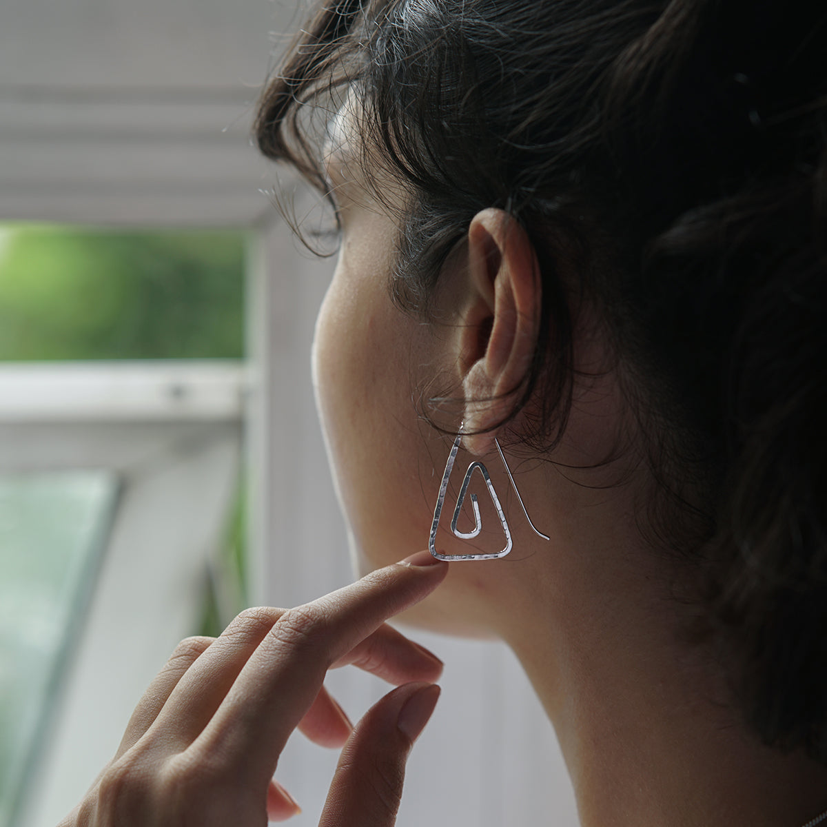 Silver Spiral Triangle Hammered Earrings