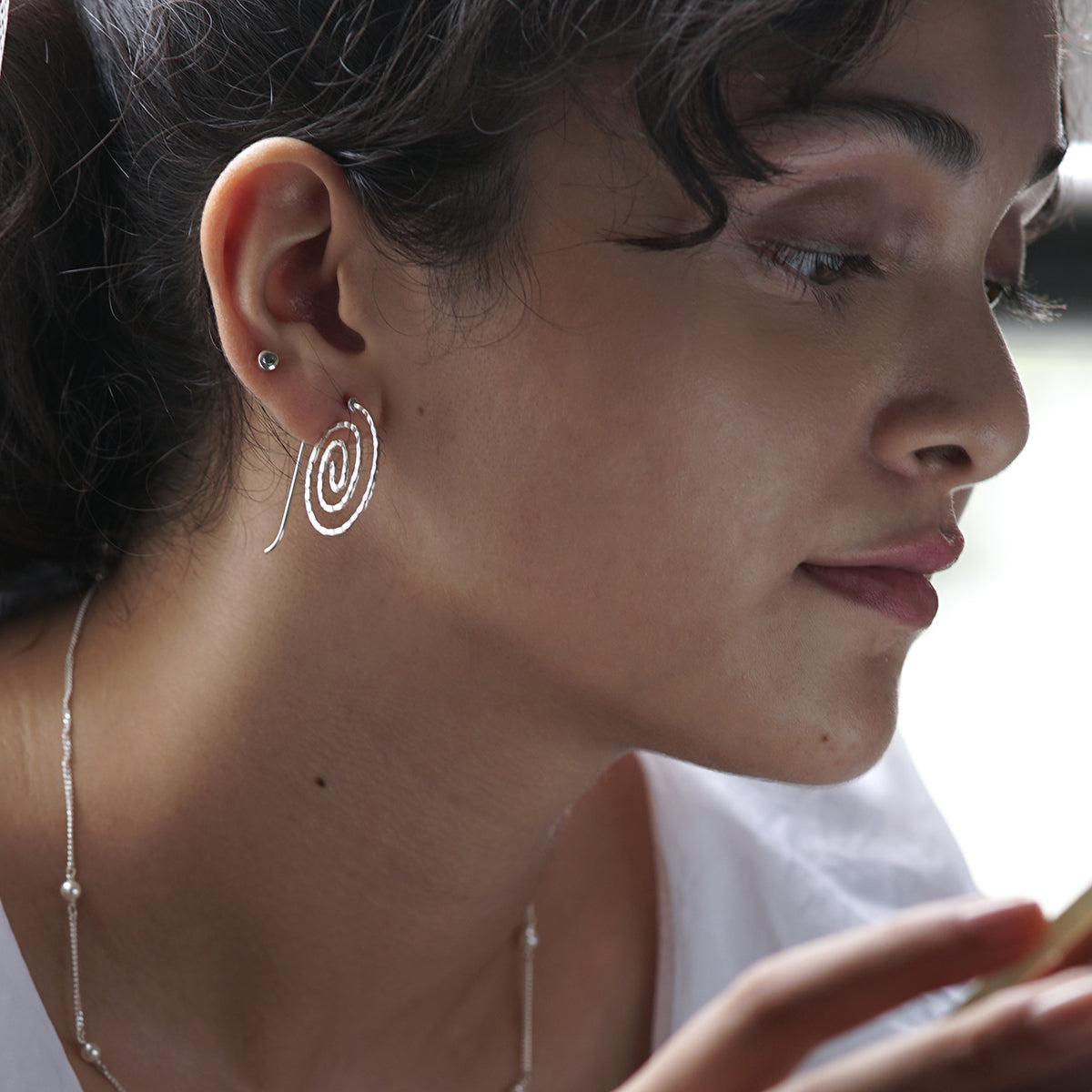 Silver Spiral Hammered Earrings