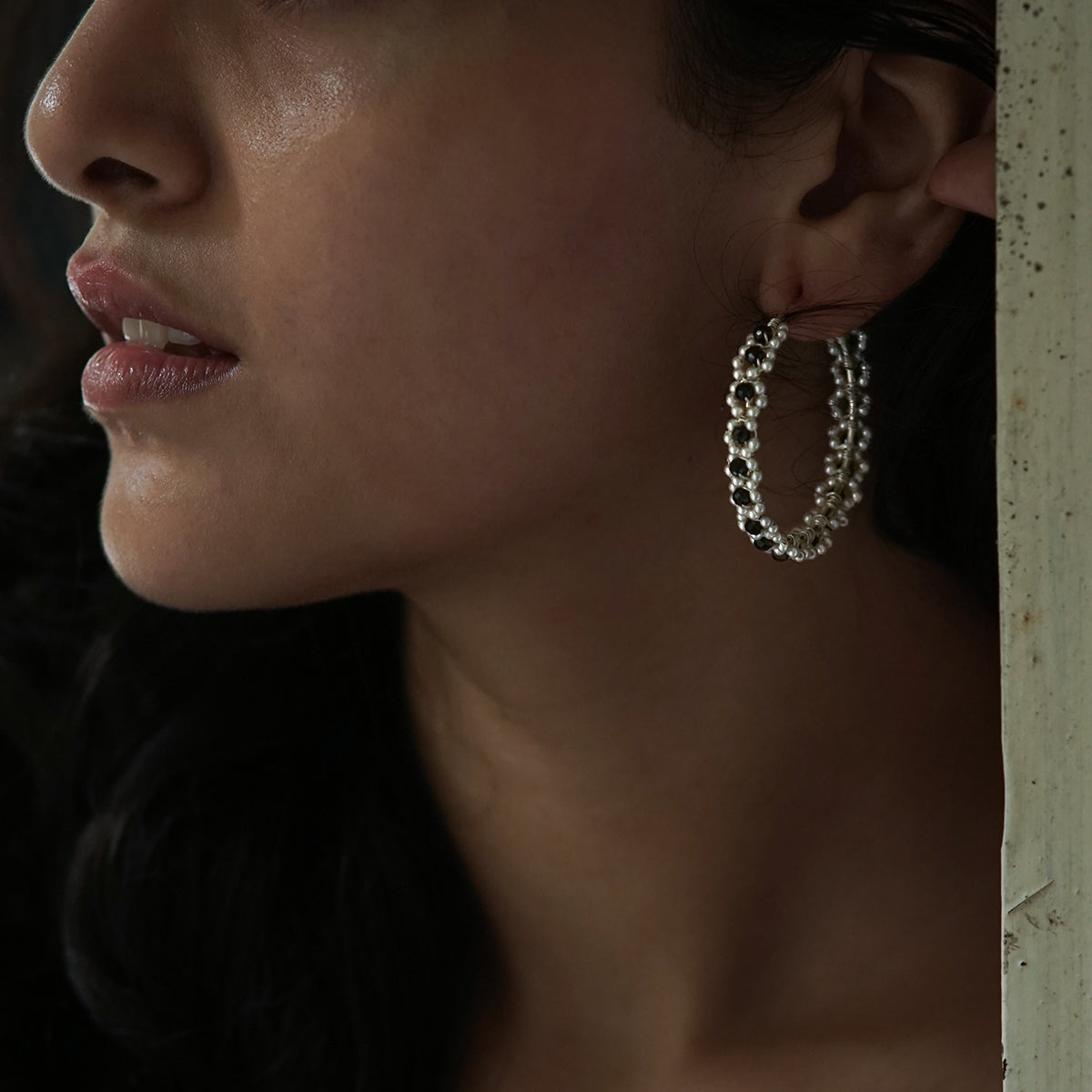 Silver Hoops with Pearls and Black Spinel