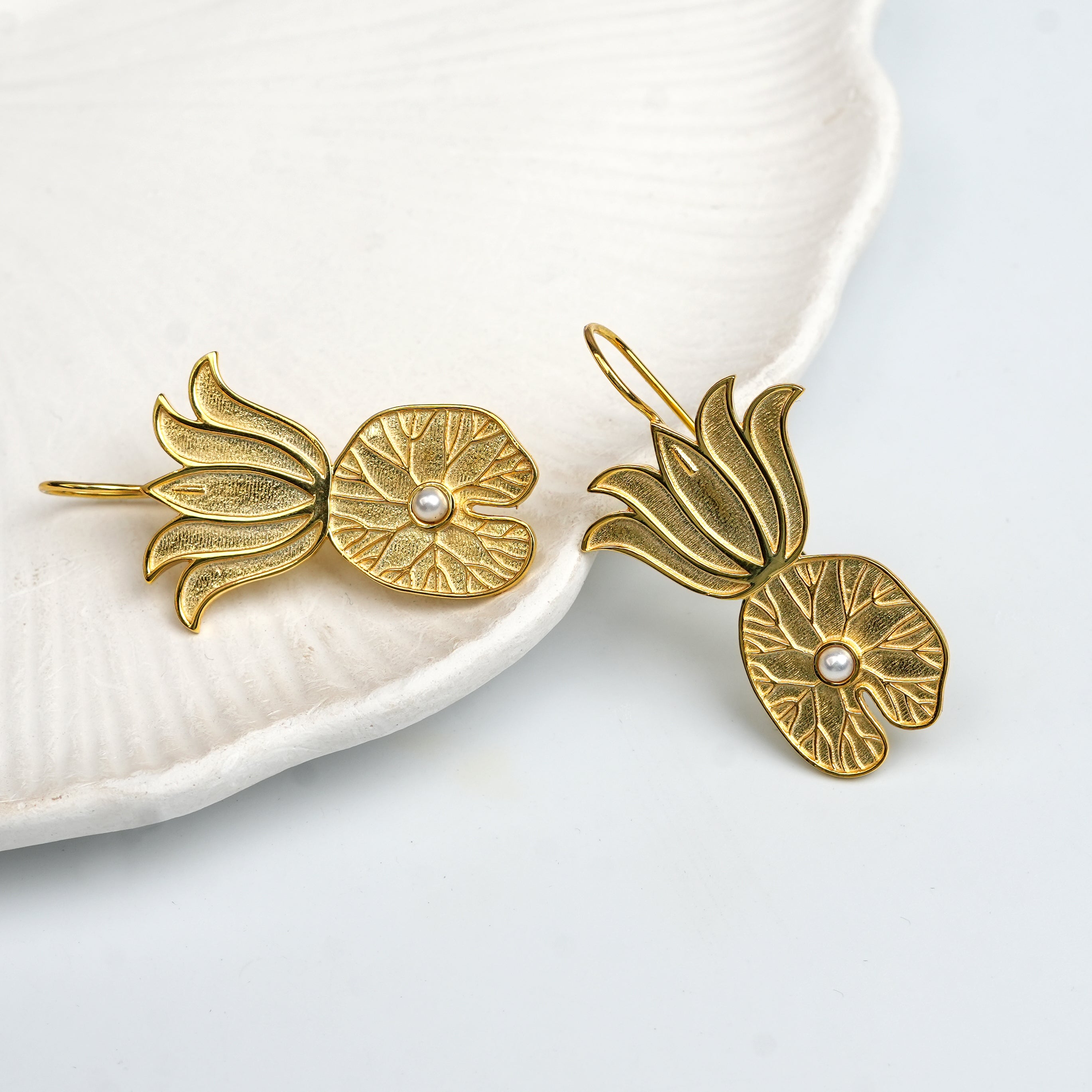 Lotus & Leaf Silver Earrings | 22K Gold-Plated