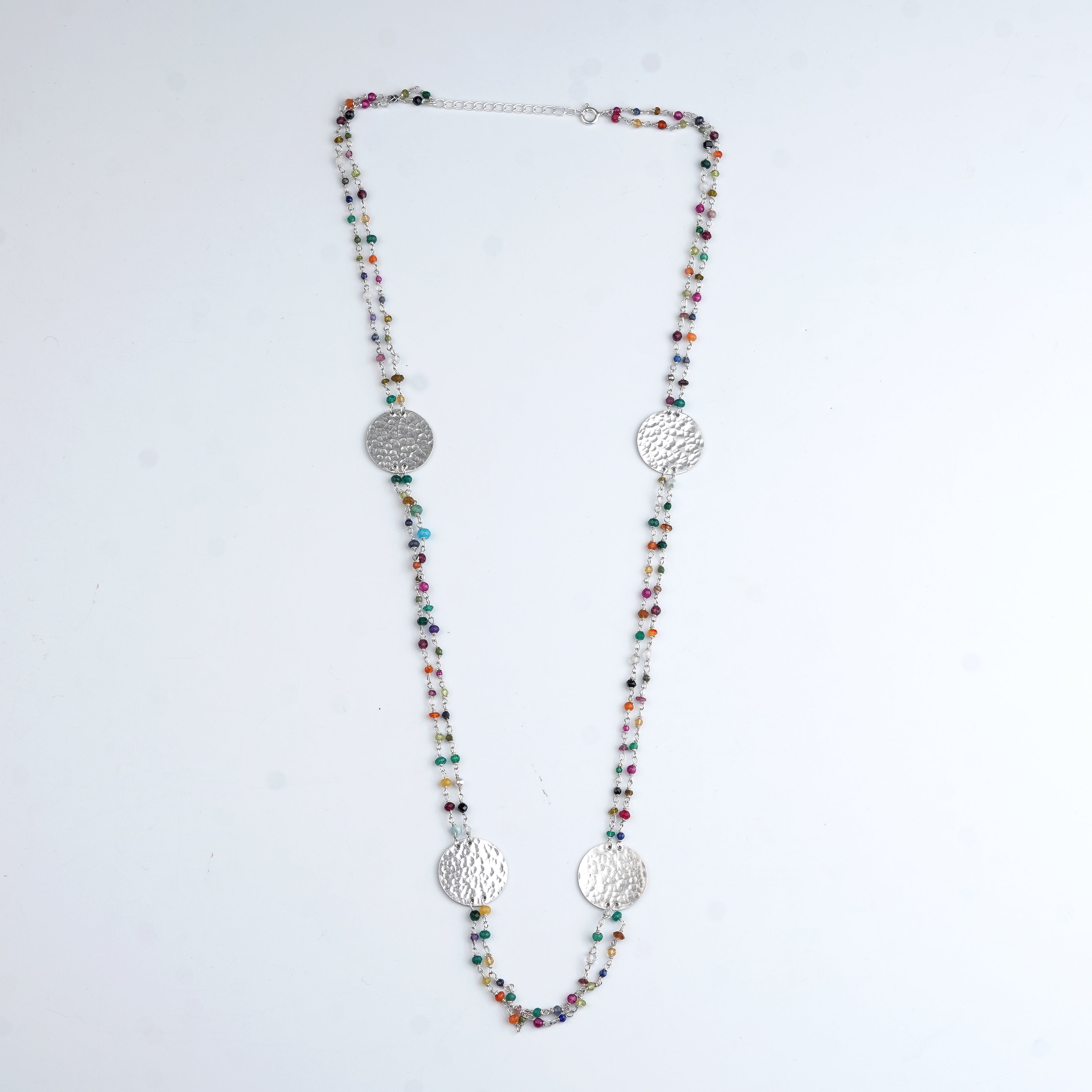 Coin Necklace with Multicolour Semi-Precious Stones – Long