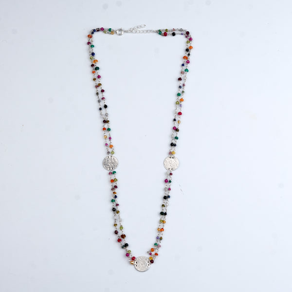 Coin Necklace with Multicolour Semi-Precious Stones – Short