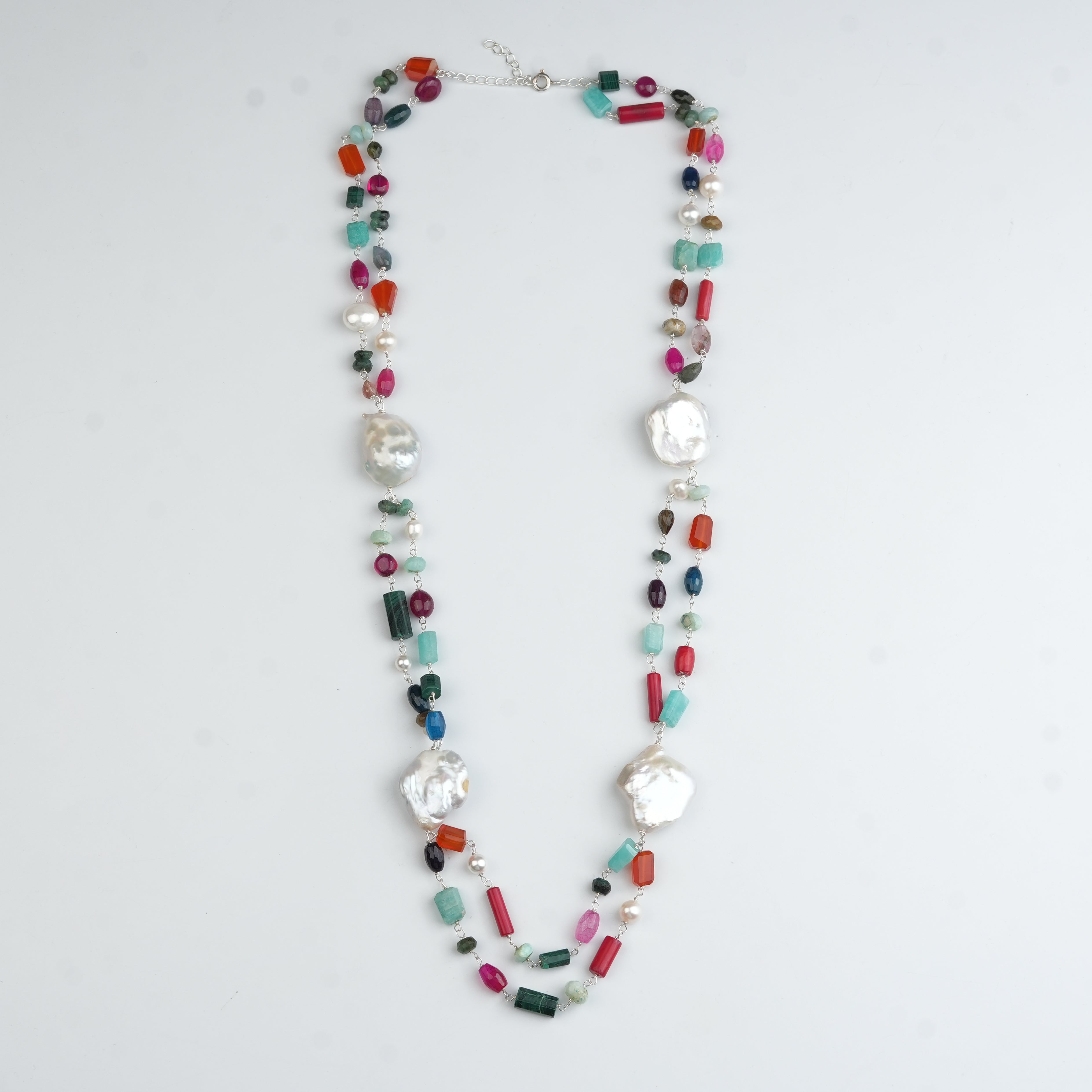 Double Layered Multicolour Necklace with Baroque Pearls