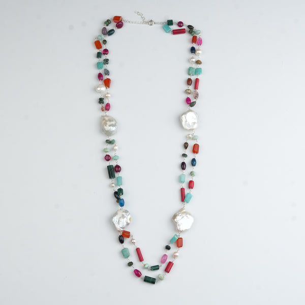 Double Layered Multicolour Necklace with Baroque Pearls