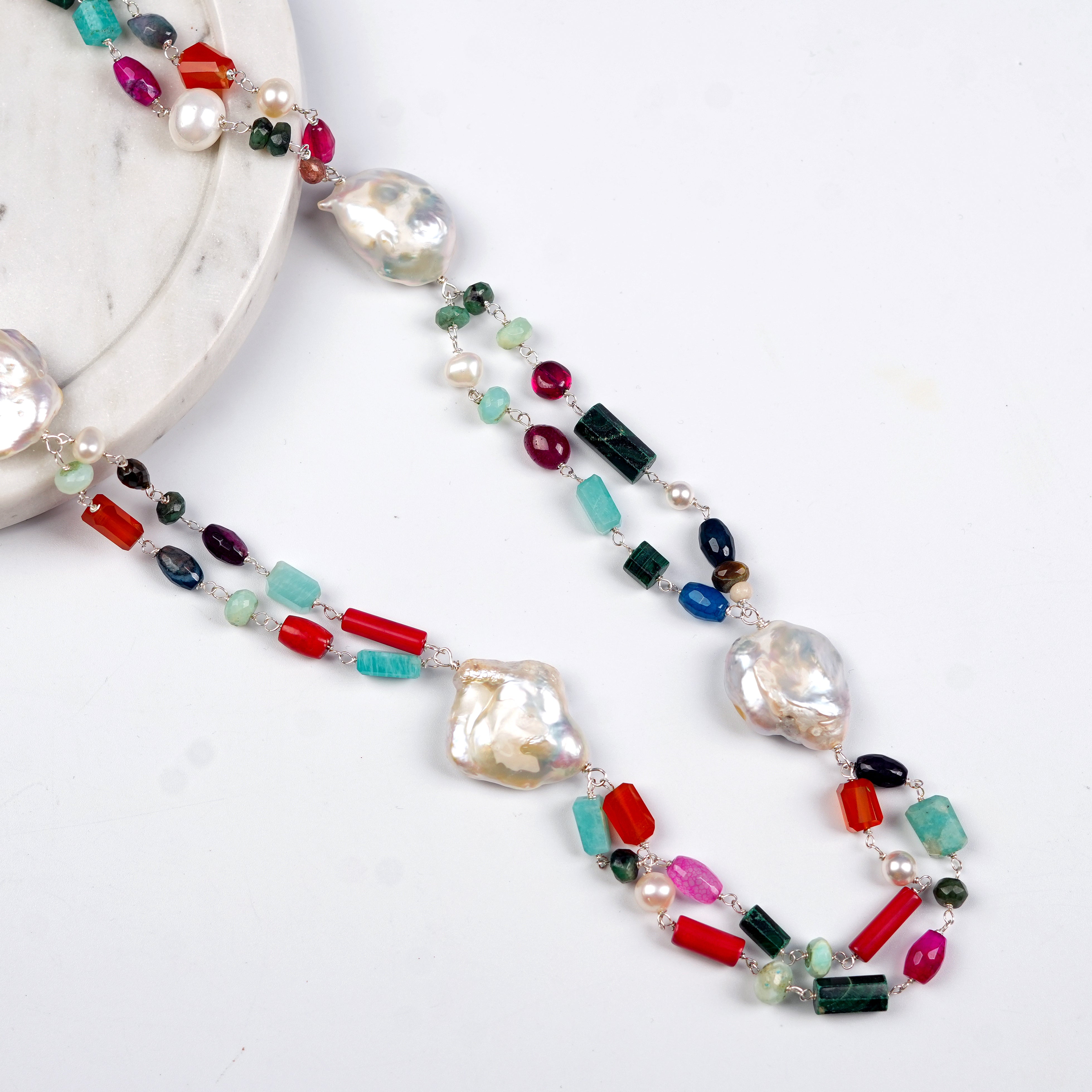 Double Layered Multicolour Necklace with Baroque Pearls