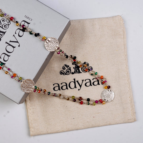 Coin Necklace with Multicolour Semi-Precious Stones – Short