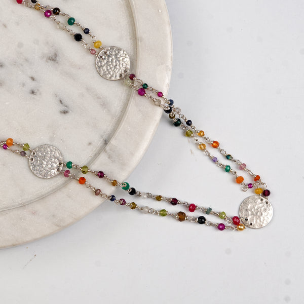 Coin Necklace with Multicolour Semi-Precious Stones – Short