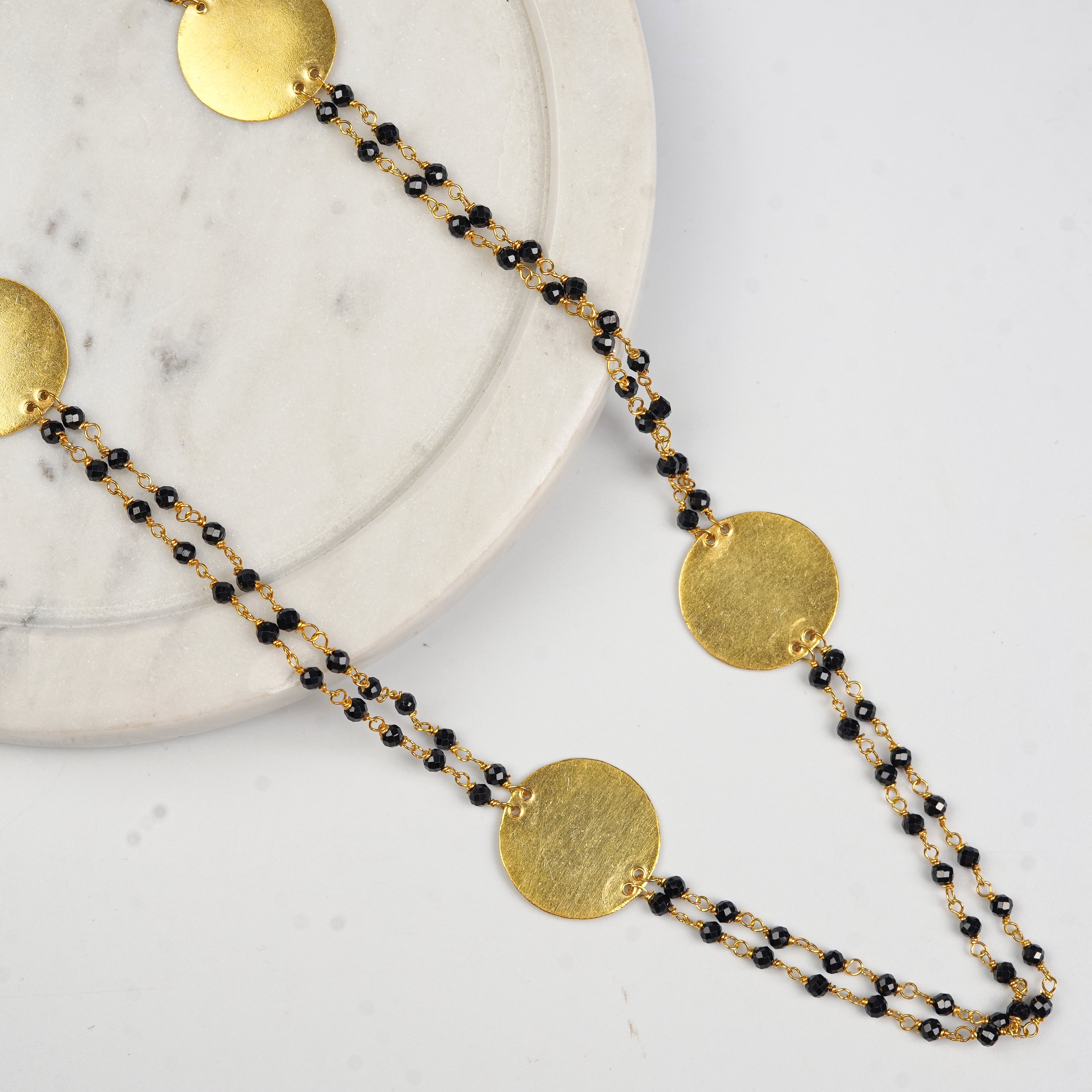 Coin Necklace with Black Spinels | 22K Gold-Plated