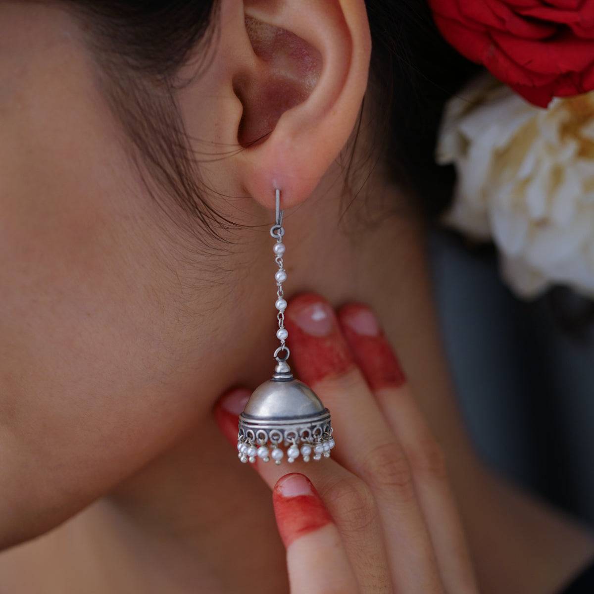 Long Pearl String Must Have Silver Jhumka