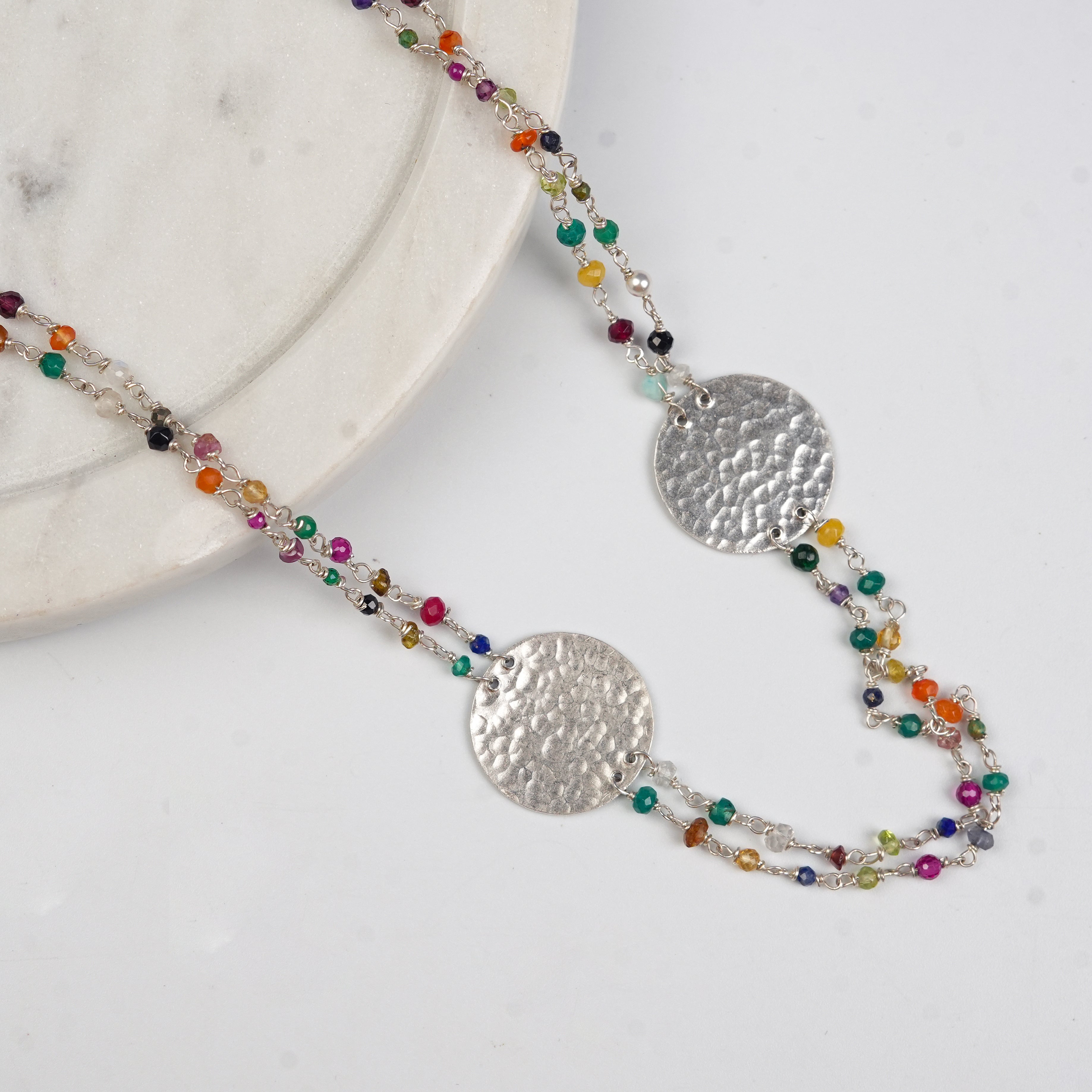 Coin Necklace with Multicolour Semi-Precious Stones – Long