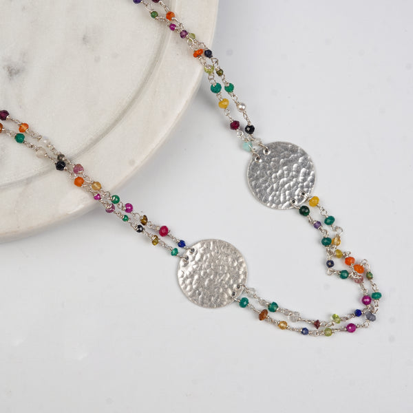 Coin Necklace with Multicolour Semi-Precious Stones – Long