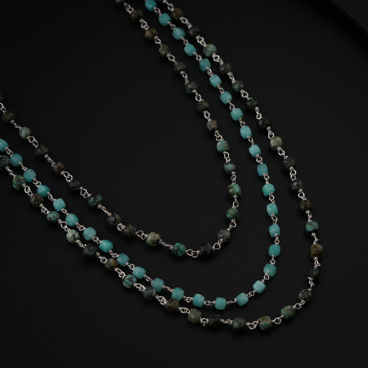 Amazonite & Firoza Stones Layered Silver Necklace