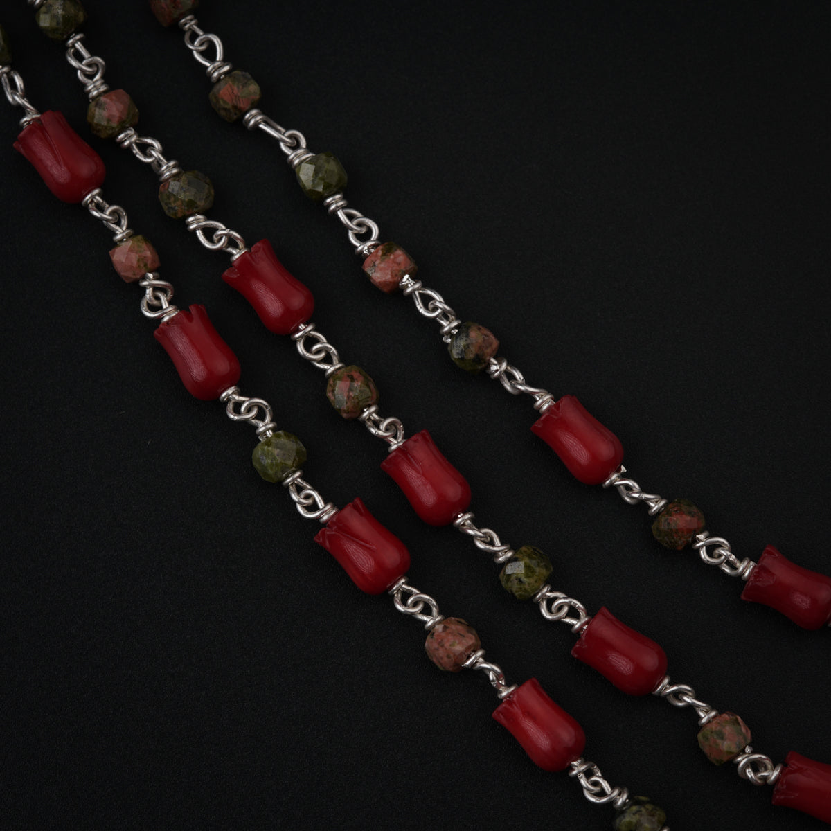 Unakite and Coral Tulips Layered Silver Necklace