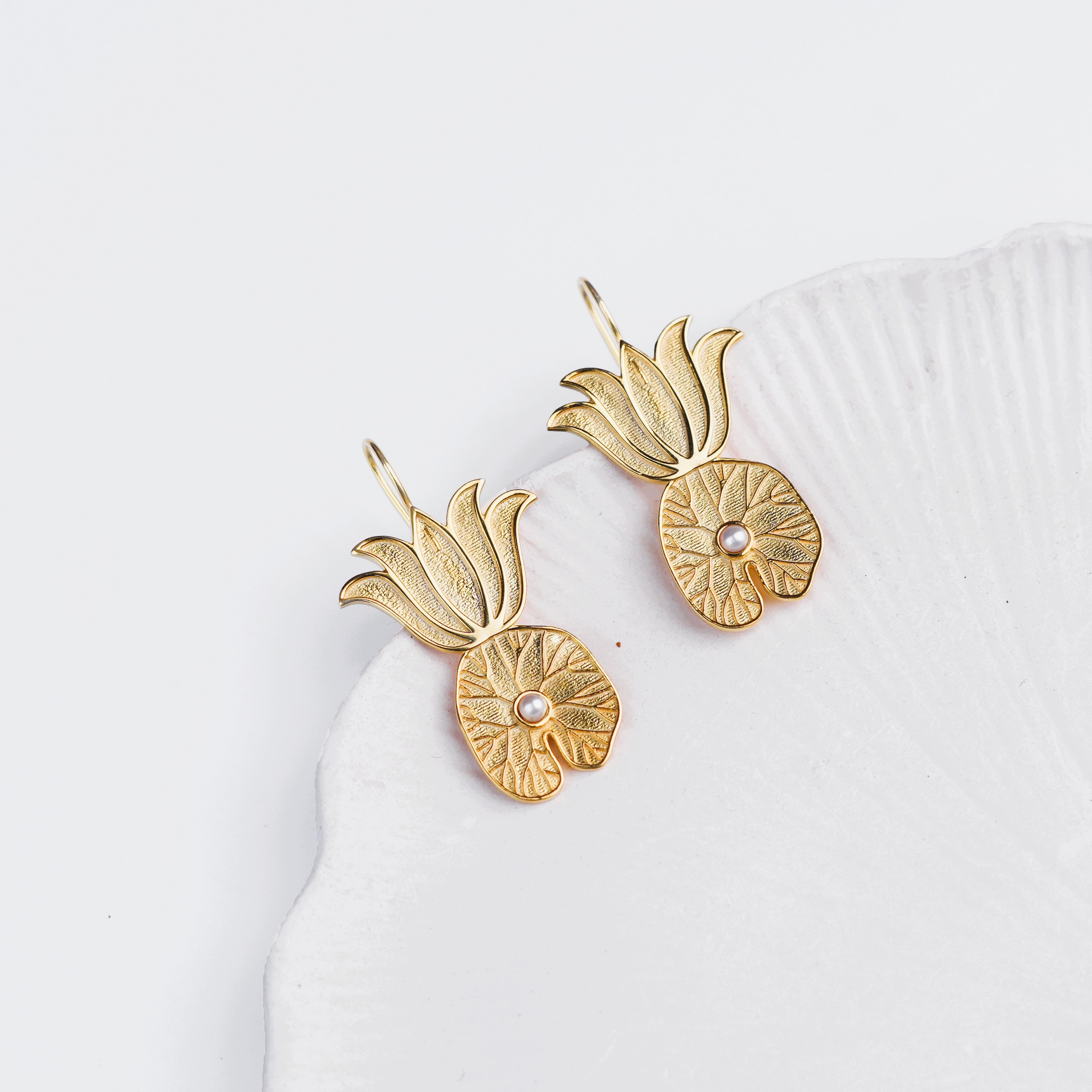 Lotus & Leaf Silver Earrings | 22K Gold-Plated