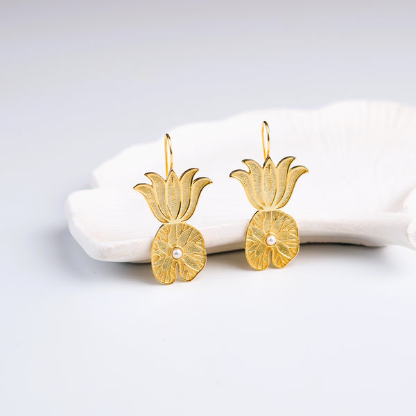 Lotus & Leaf Silver Earrings | 22K Gold-Plated
