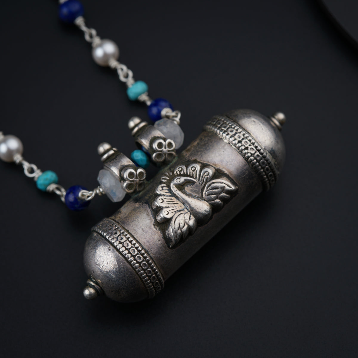 Antique Silver Necklace with Pearls, Lapis and Turquoise beads