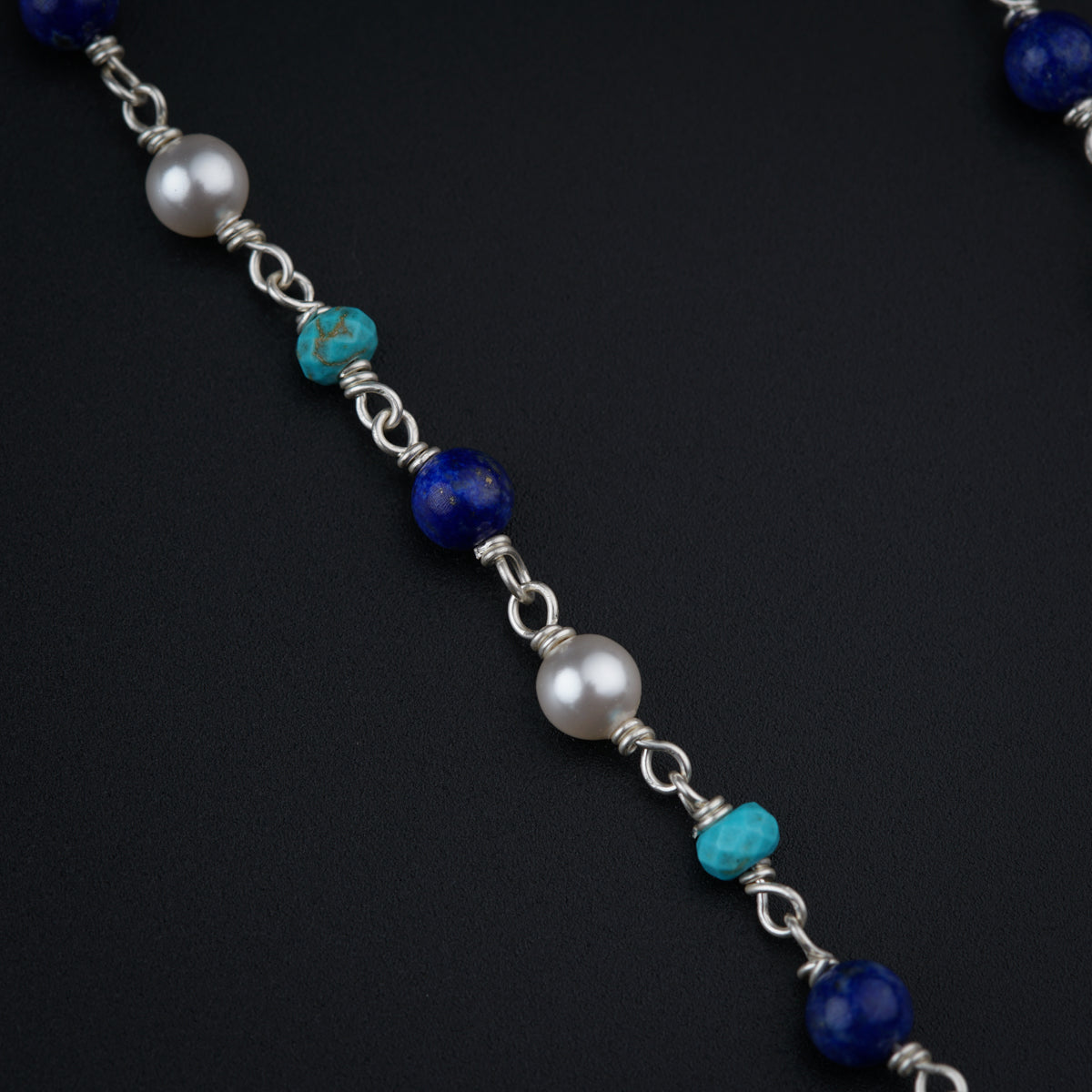 Antique Silver Necklace with Pearls, Lapis and Turquoise beads
