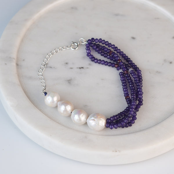 Purple Jade & Baroque Pearl Silver Bracelet (Project Handmade)