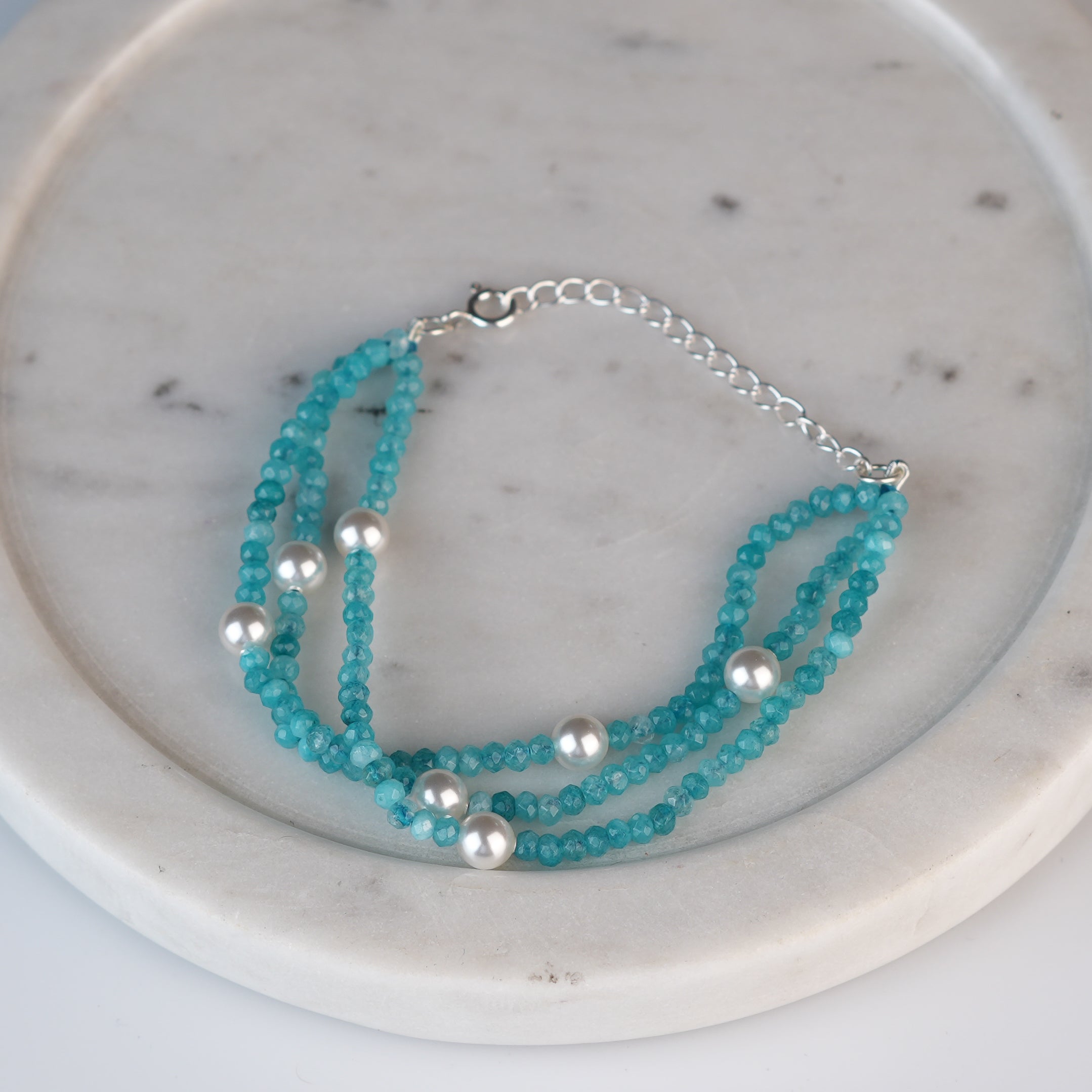 Blue Jade & Pearl Silver Bracelet (Project Handmade)