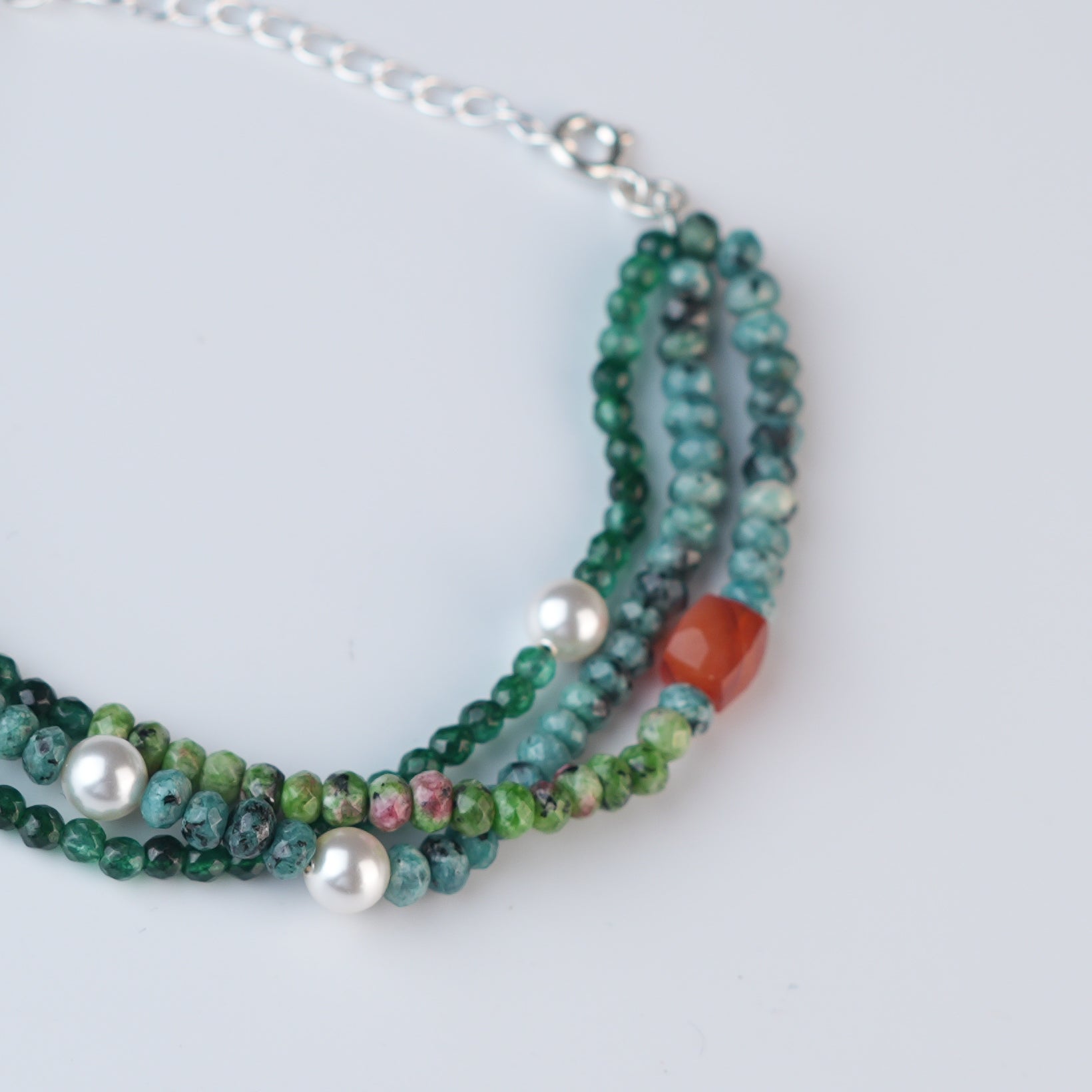 Green Onyx, Pearl, Carnelian Cube, Green & Blue Jade Silver Bracelet (Project Handmade)
