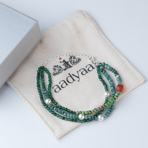 Green Onyx, Pearl, Carnelian Cube, Green & Blue Jade Silver Bracelet (Project Handmade)