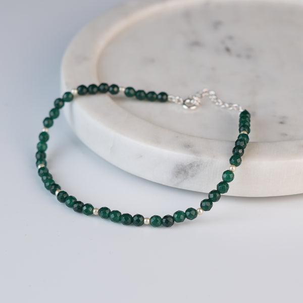 Green Onyx & Pearl Silver Anklet (Project Handmade)