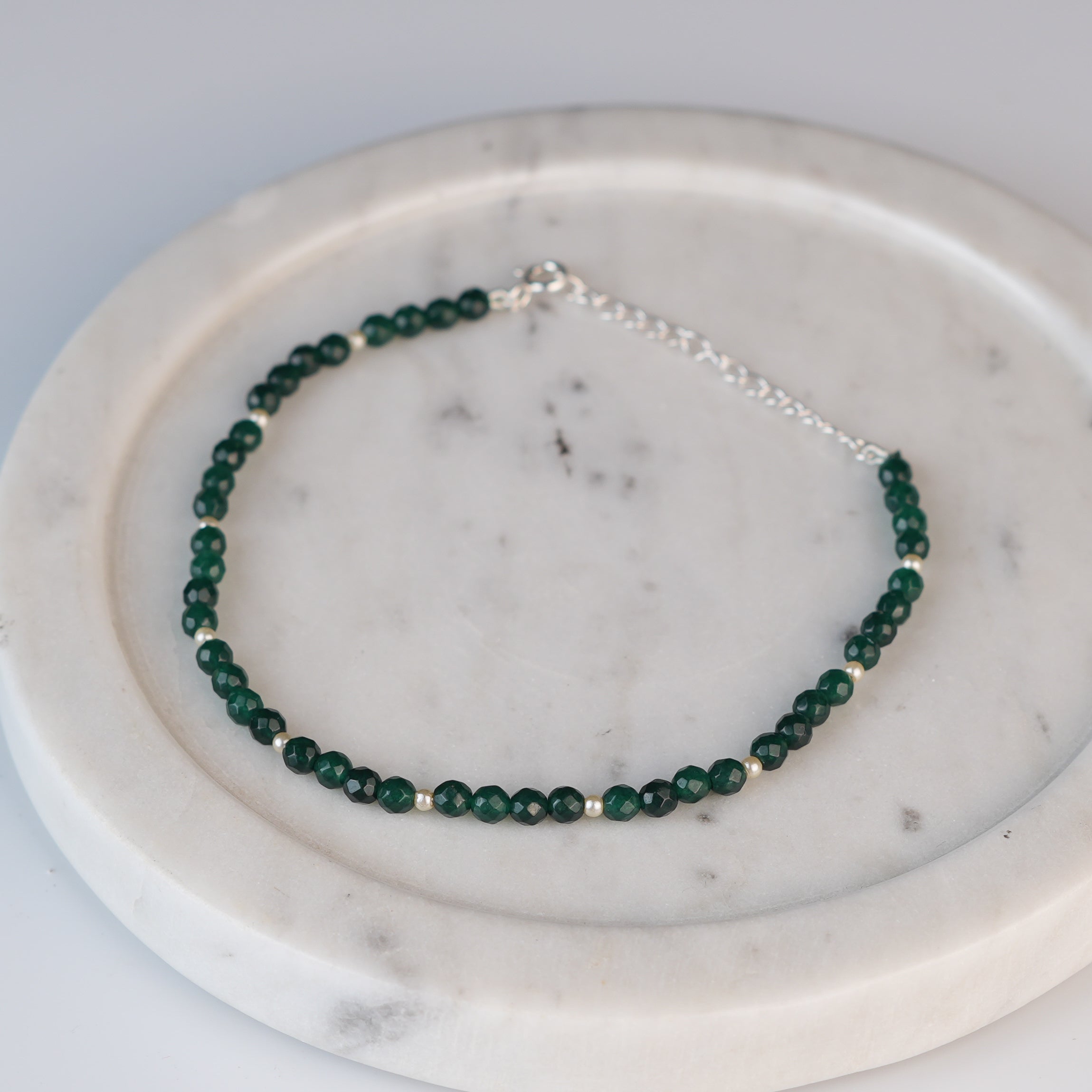 Green Onyx & Pearl Silver Anklet (Project Handmade)