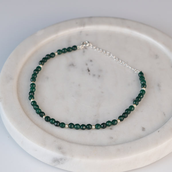 Green Onyx & Pearl Silver Anklet (Project Handmade)