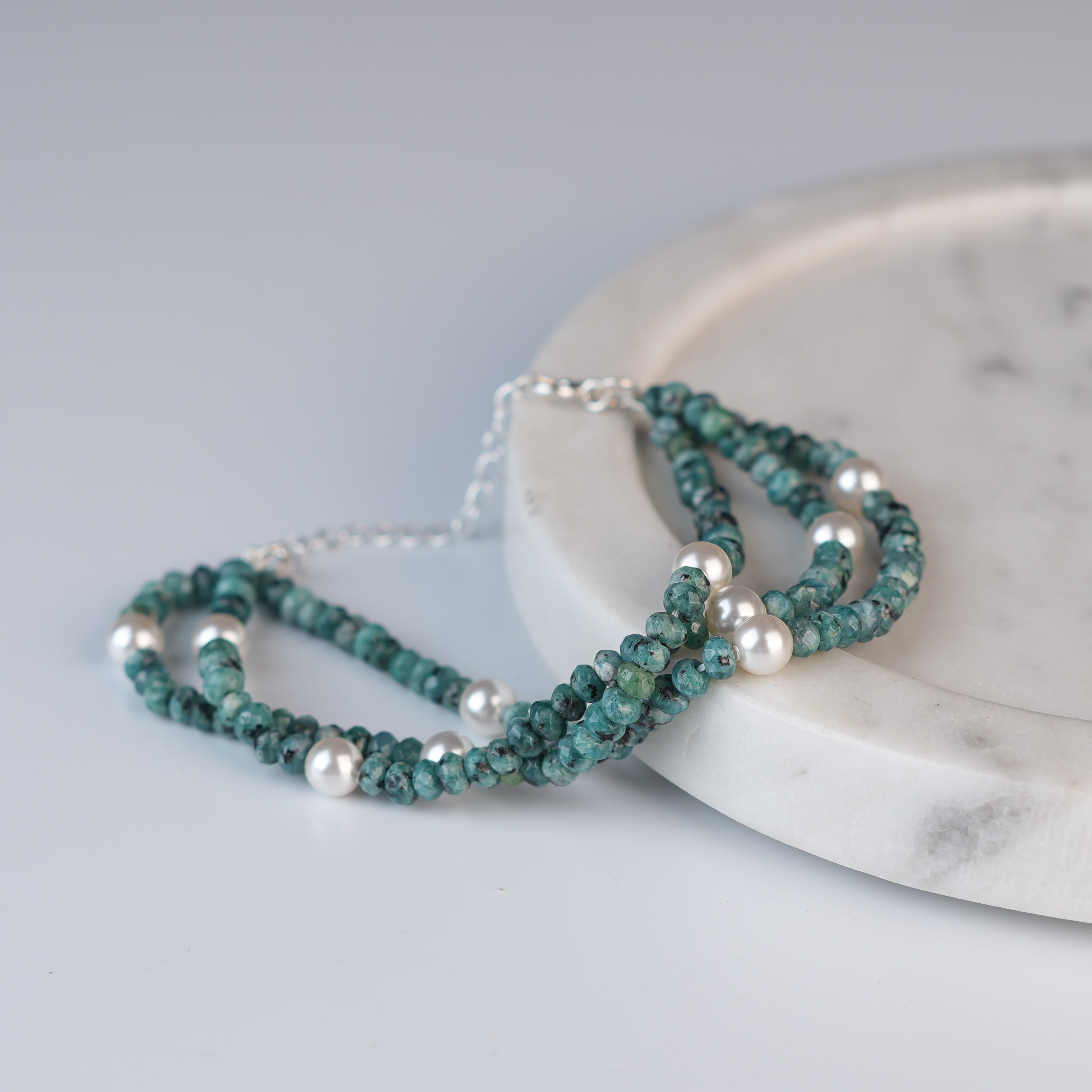 Blue Jade & Pearl Silver Bracelet (Project Handmade)