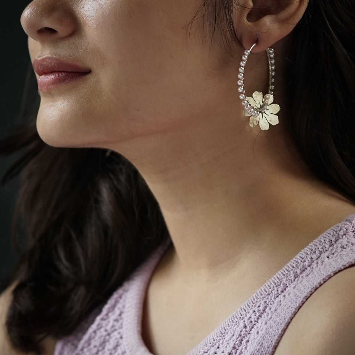 Silver Wildflower Hoops with Pearls