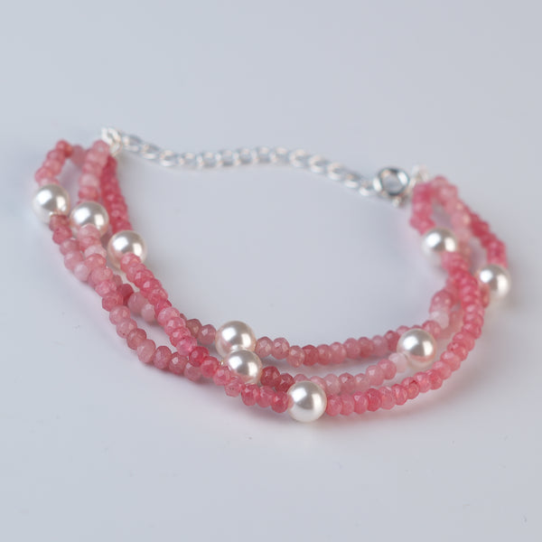 Pink Jade & Pearl Silver Bracelet (Project Handmade)