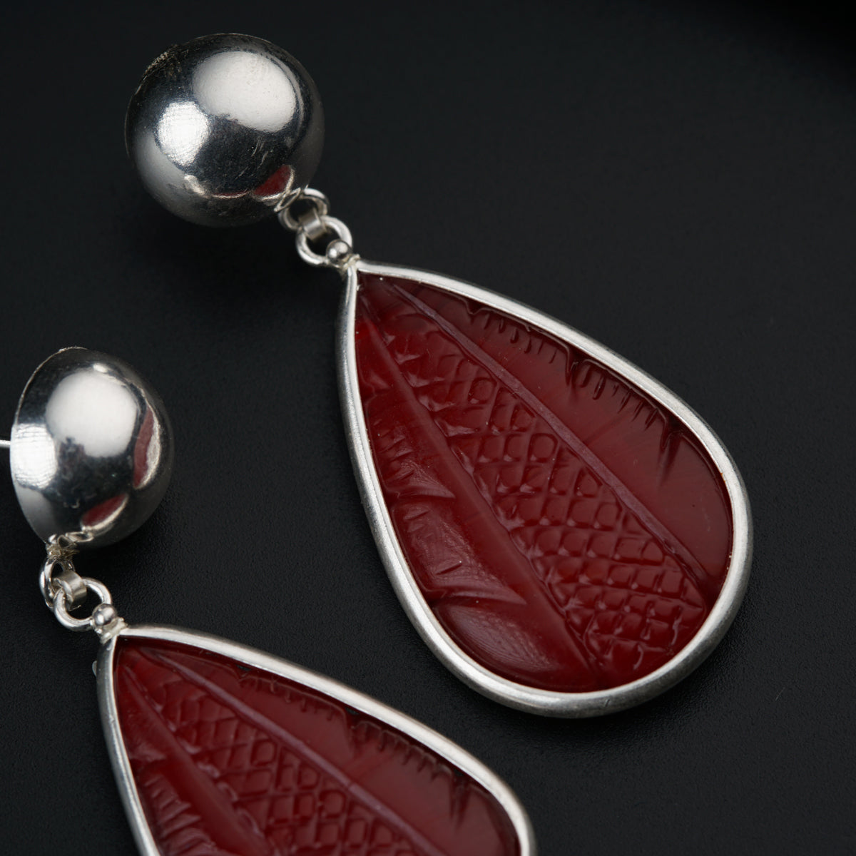 Handmade Silver Drop shaped Earrings-Red