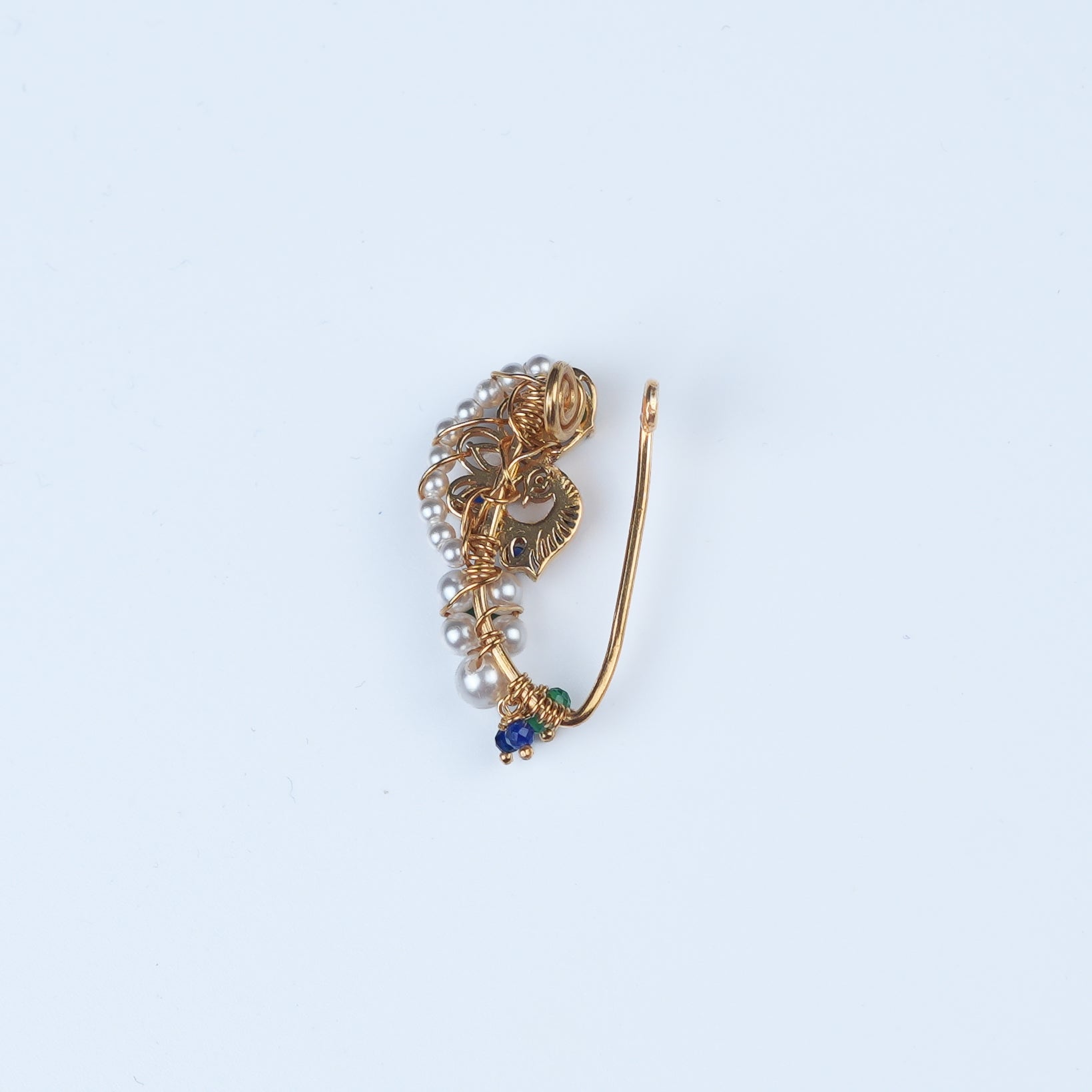 Silver Handmade Peacock Nath (Left, Clip-On) | 22K Gold-Plated